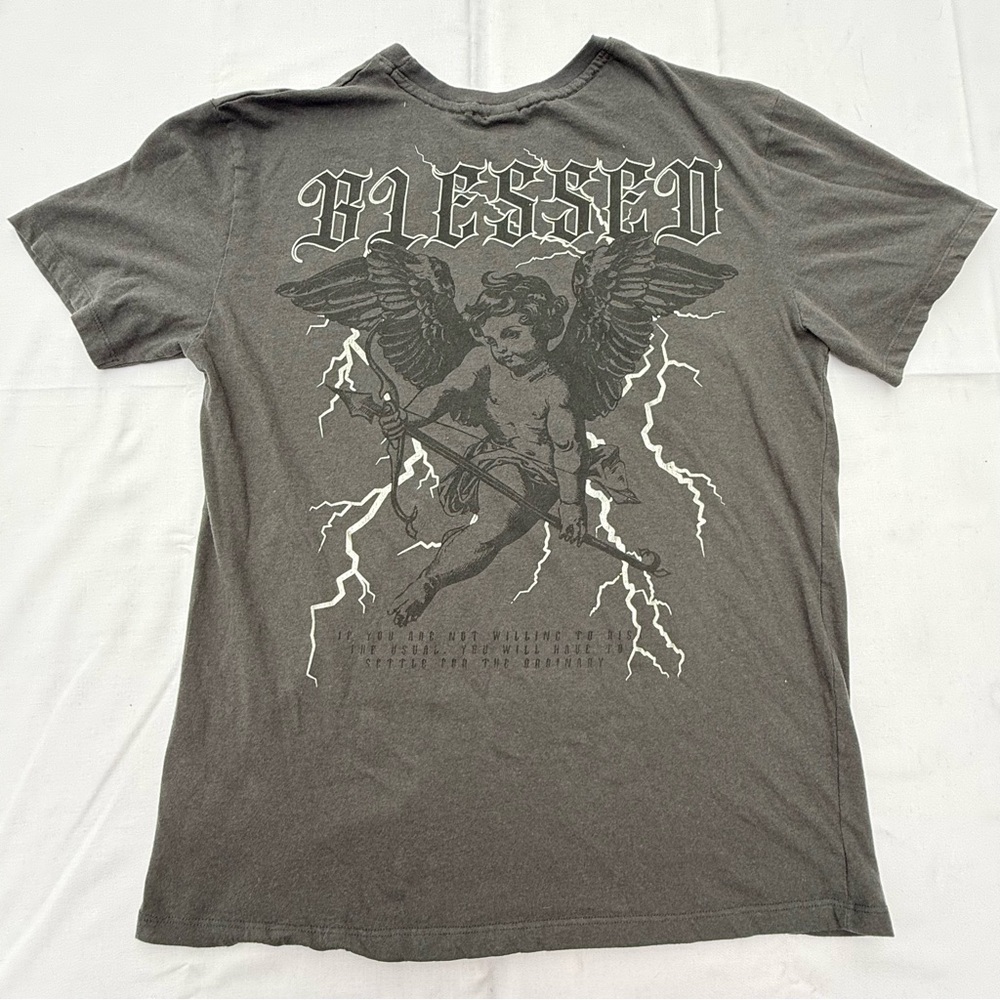Rebellious Culture Blessed Angel Graphic T-Shirt Mens Medium Gray Cherub